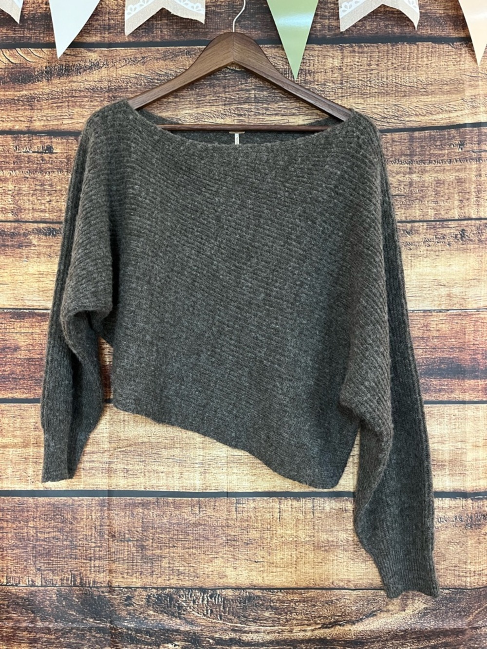 Free People Grey Asymmetrical Cropped Sweater Top Batwing Style Size Small
